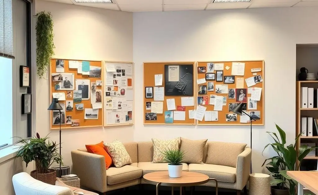 A creative nook in an office with idea boards and a relaxed seating area.