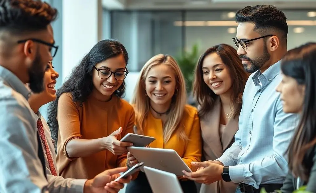 A group of diverse professionals discussing technology in a modern office setting