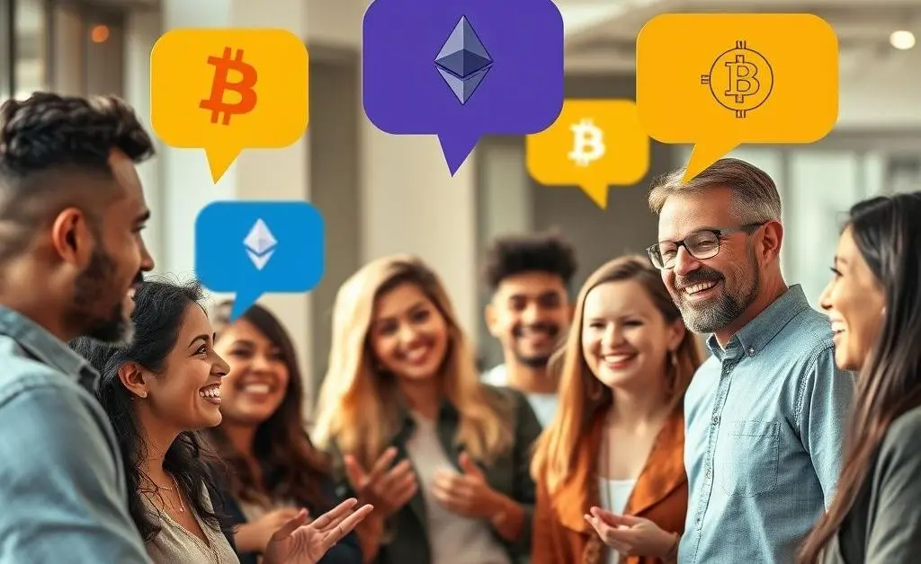 A friendly conversation illustrating diverse people discussing digital currency