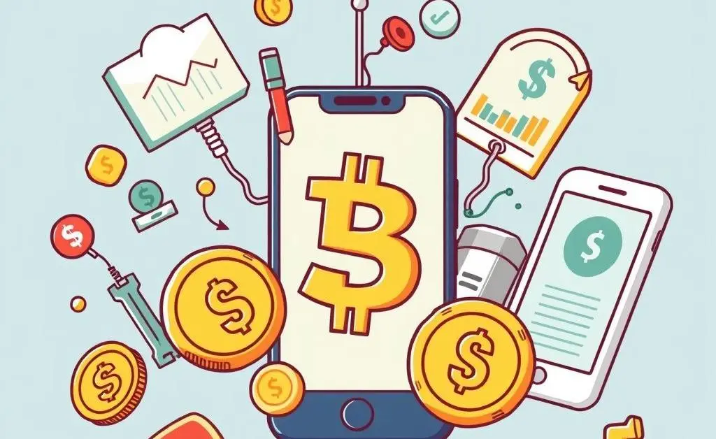 Cartoon-style drawing of various innovative financial tools