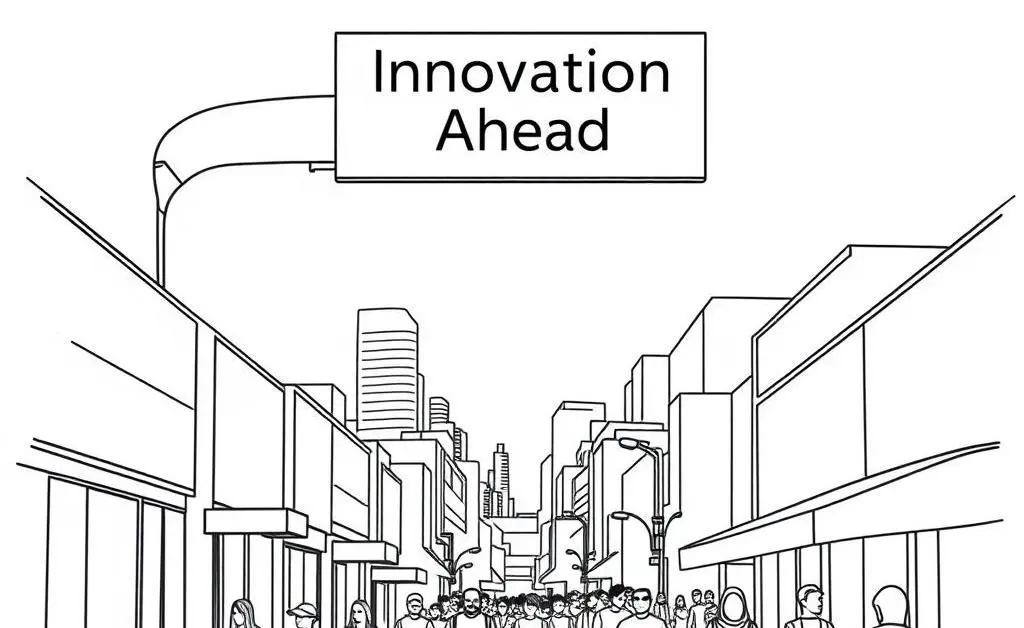 Minimalist sketch of a small business area with 'Innovation Ahead' sign.