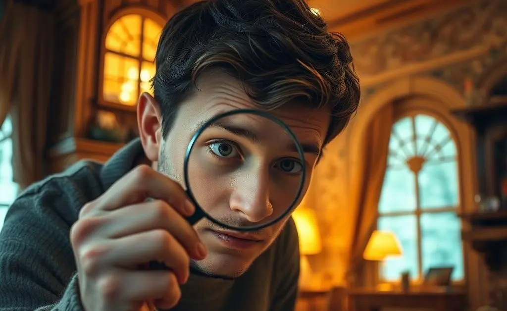 A person inspecting a house with a magnifying glass, looking for details.