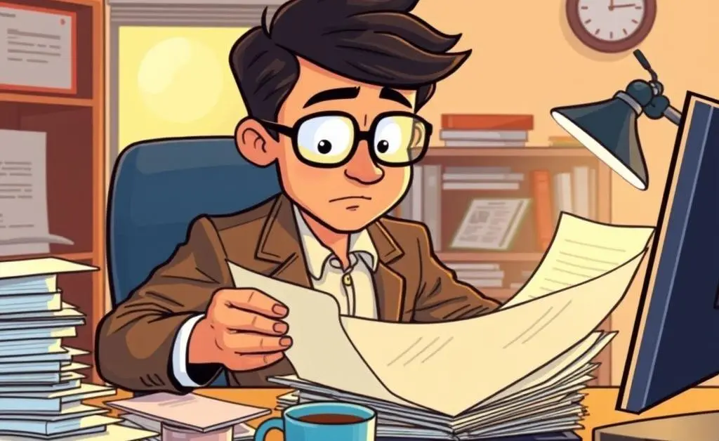A cartoon-style image showing an insurance adjuster reviewing documents