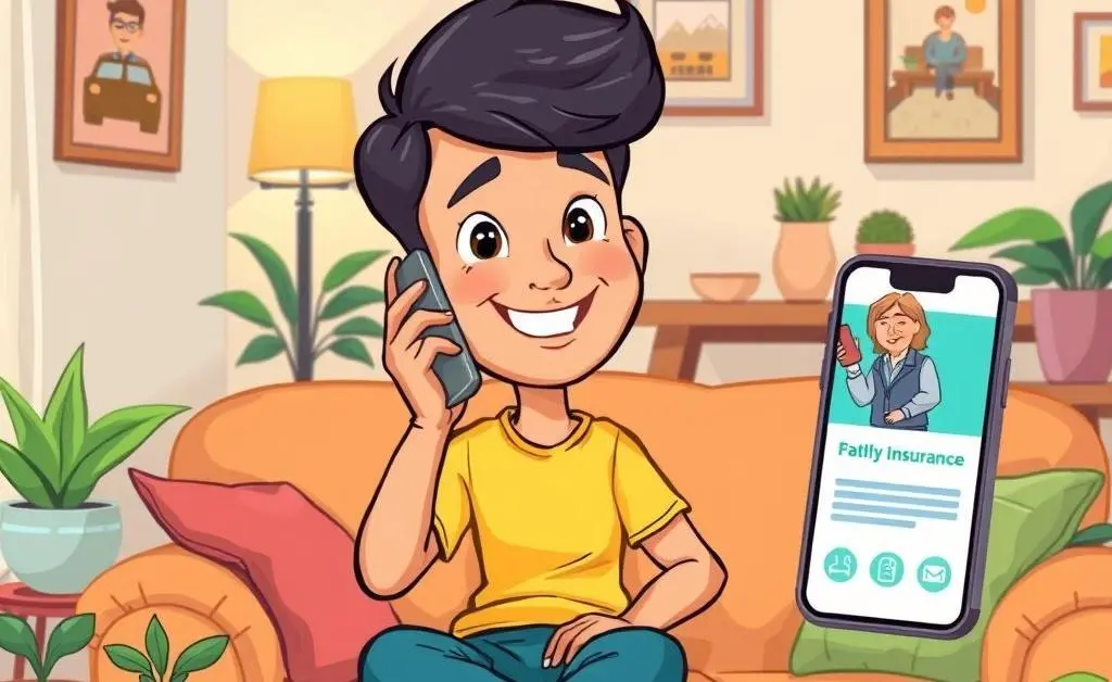Cartoon-style image of a person on the phone with an insurance agent at home.