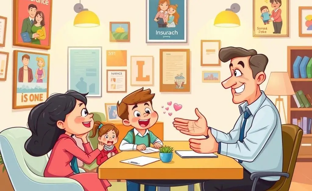 Insurance agent talking to a family at a desk cartoon.