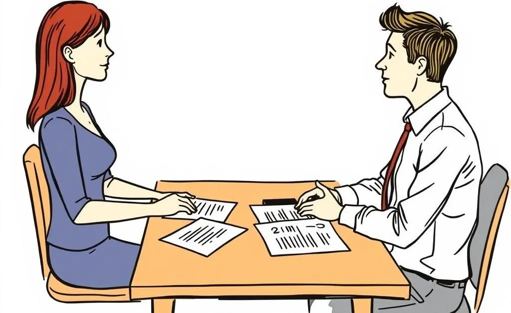 A hand-drawn style image of a person talking with an insurance agent.