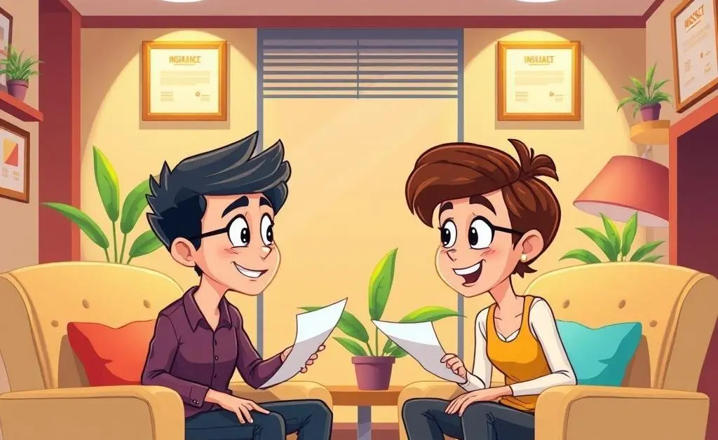 Cartoon-style illustration of two people discussing insurance in a cozy office setting.