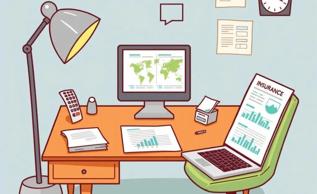 A cartoon-style desk with insurance documents and a laptop showing graphs.