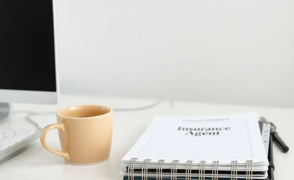 A clean desk with a computer, coffee mug, and a planner labeled 'Insurance Agent'.