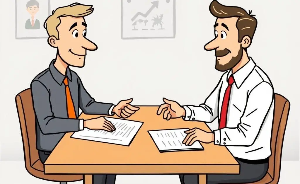 A cartoon of two people discussing insurance at a desk, with papers and charts around them.