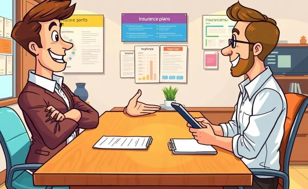 A person talking with an insurance agent in an office.