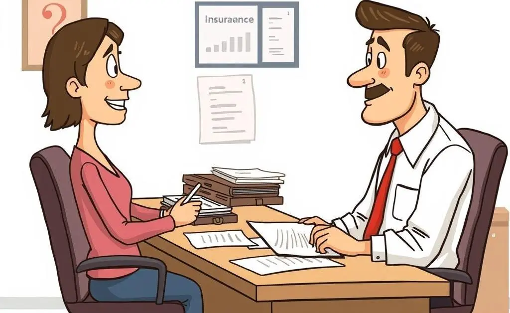 Cartoon-style illustration of a person talking to an insurance agent at a desk, surrounded by papers.