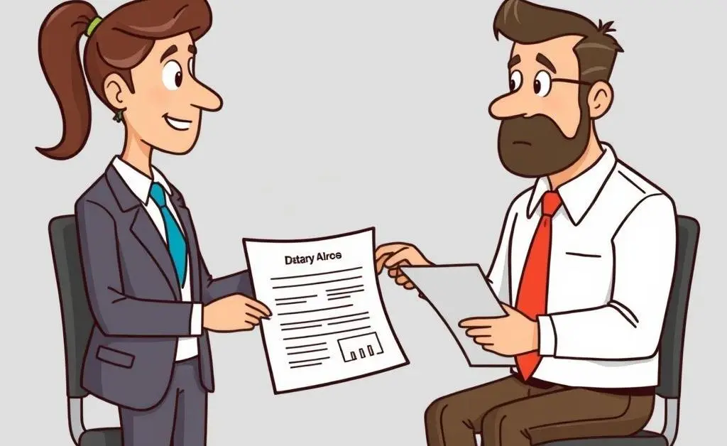 A cartoon of an insurance agent showing policy details to a customer
