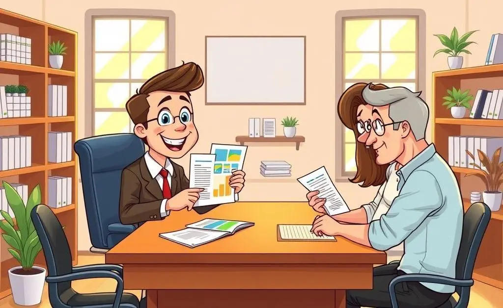 A cartoon illustration of an insurance agent explaining policies to a couple across a desk