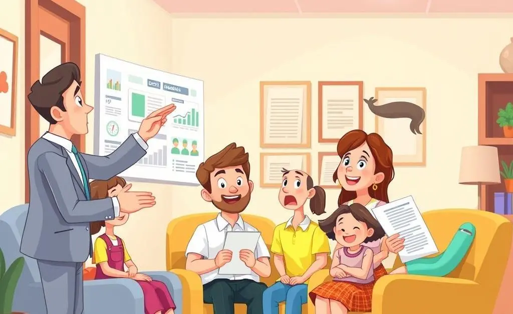 Cartoon image of an insurance agent explaining policies to a family