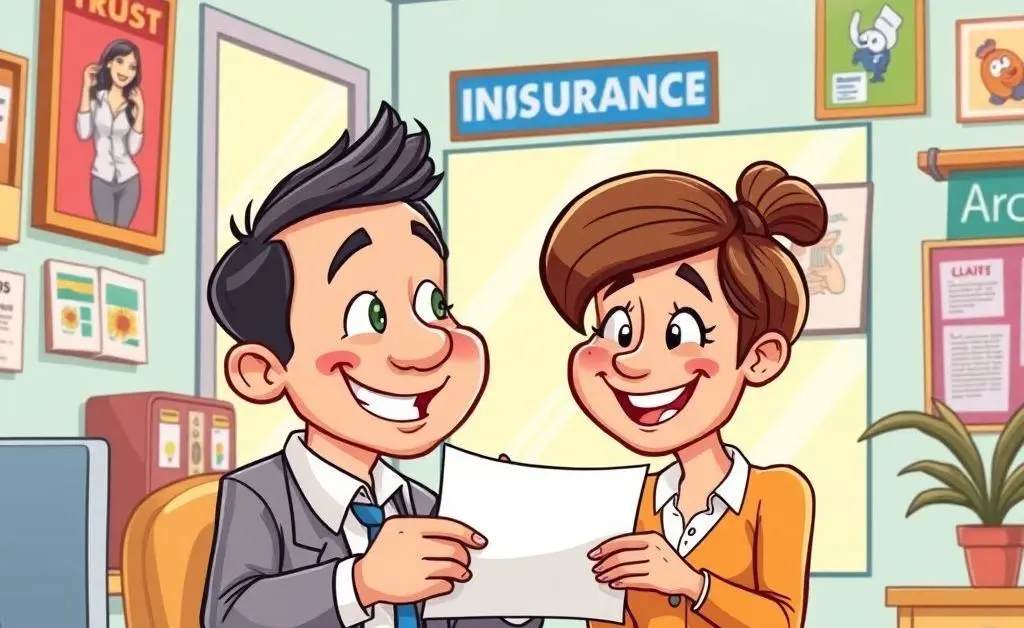 A cartoon-style image of a friendly insurance agent helping a client with a reassuring smile.