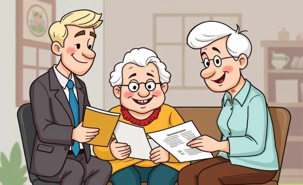 An insurance agent helping an elderly couple understand their policy.