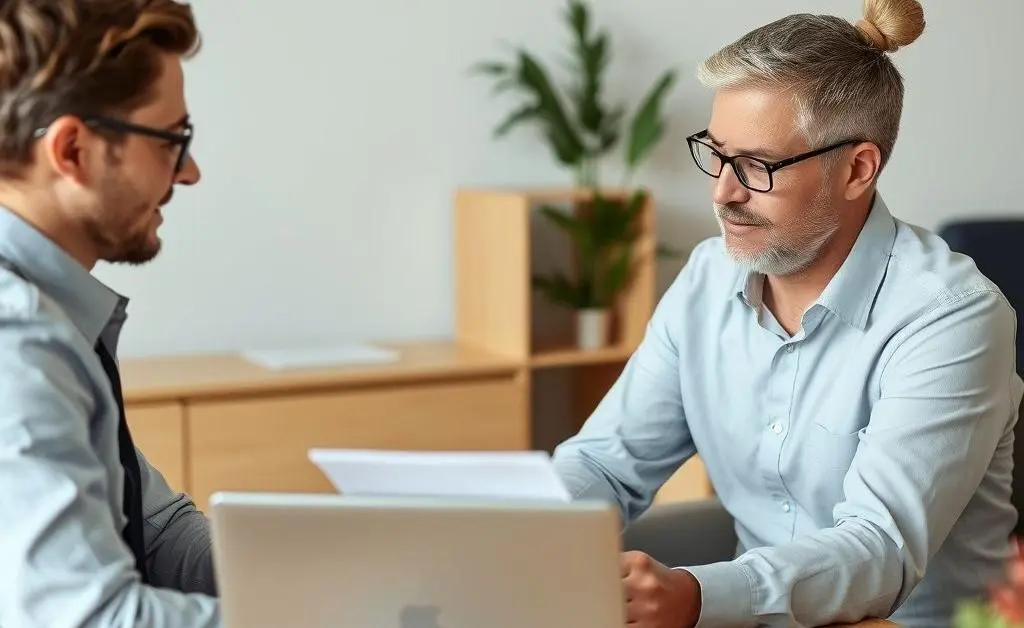 A calm insurance agent discussing policy details on a laptop with a client