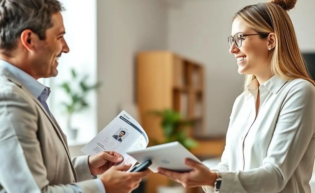 An insurance agent discussing options with a client in a friendly manner.