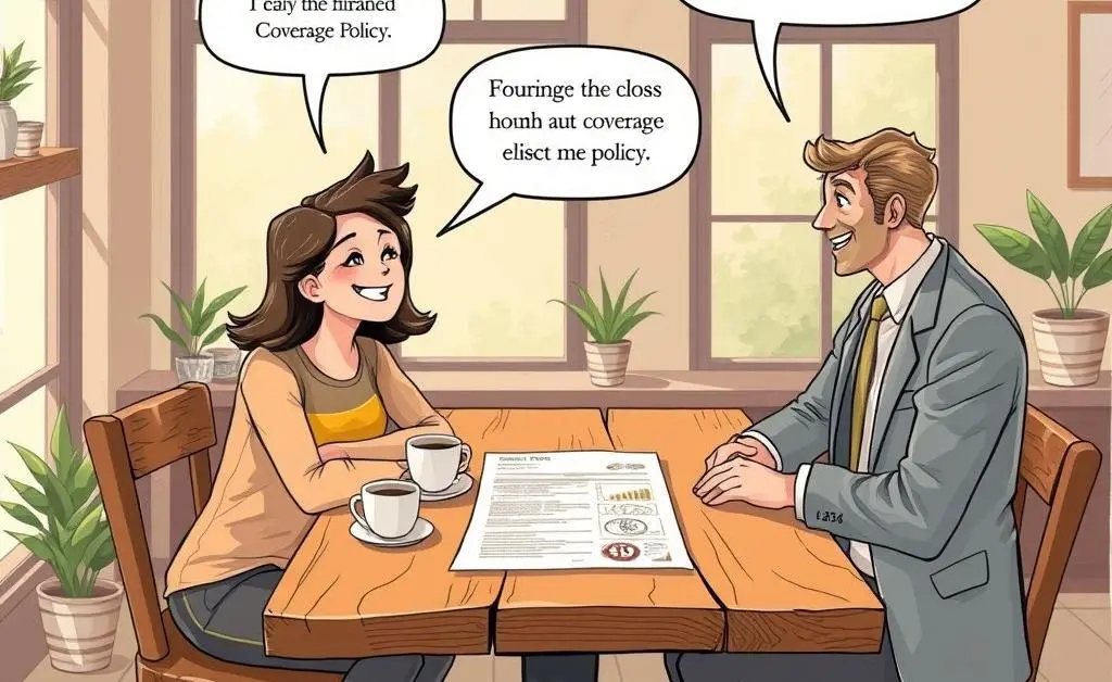 Illustration of a friendly conversation over coffee between a person and an insurance agent