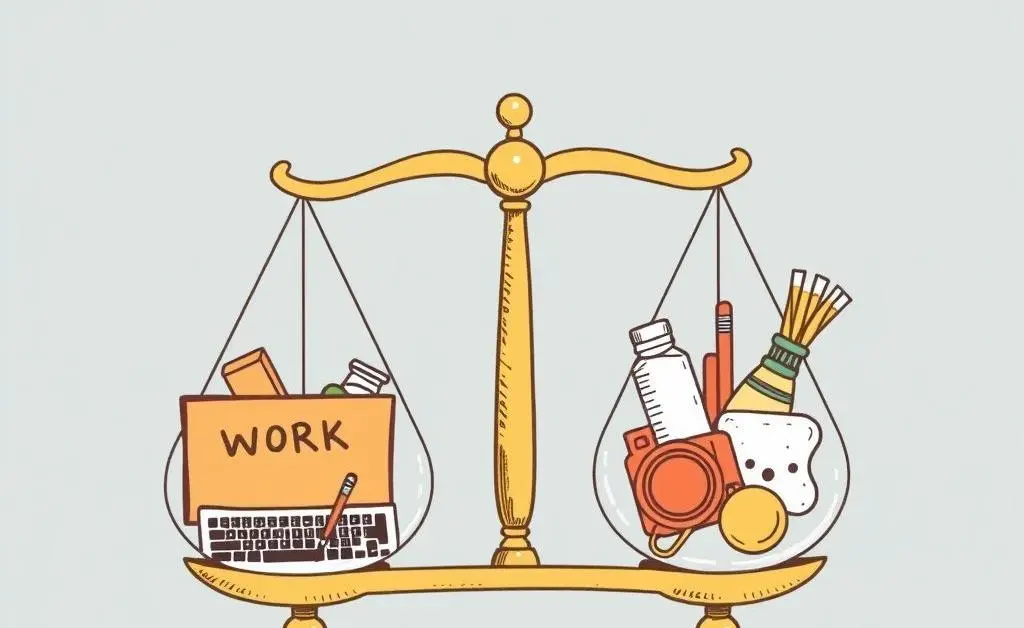 Balance scale with work and personal life items