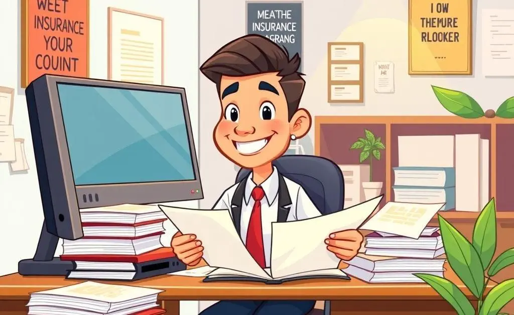 Insurance broker working at a desk with documents and a computer