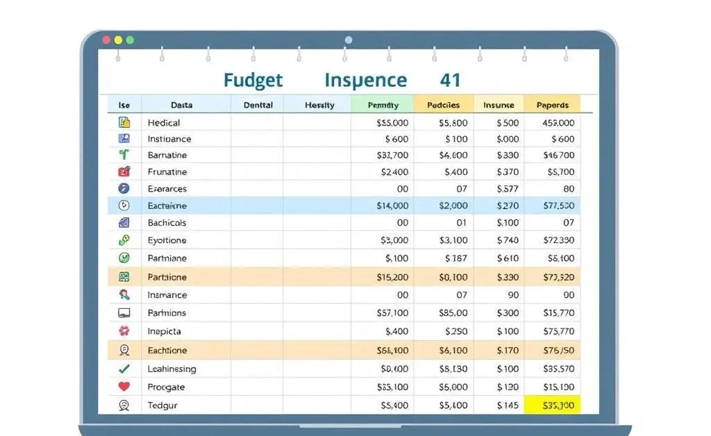 A budget sheet with different health insurance costs
