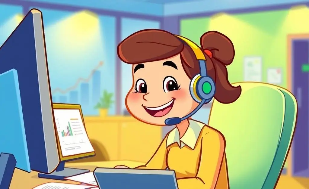 Cartoon of a friendly call center agent assisting on a call with insurance inquiries