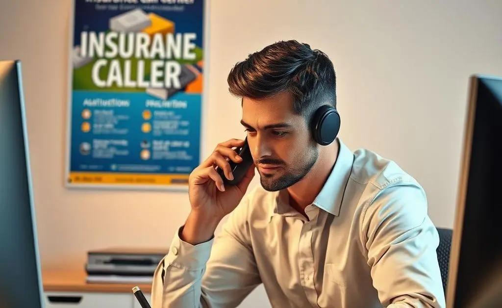 Person on phone with insurance call center poster in background