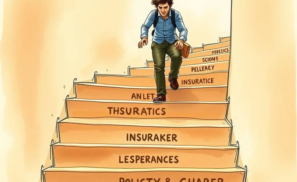 Person climbing a staircase labeled as stages of an insurance career