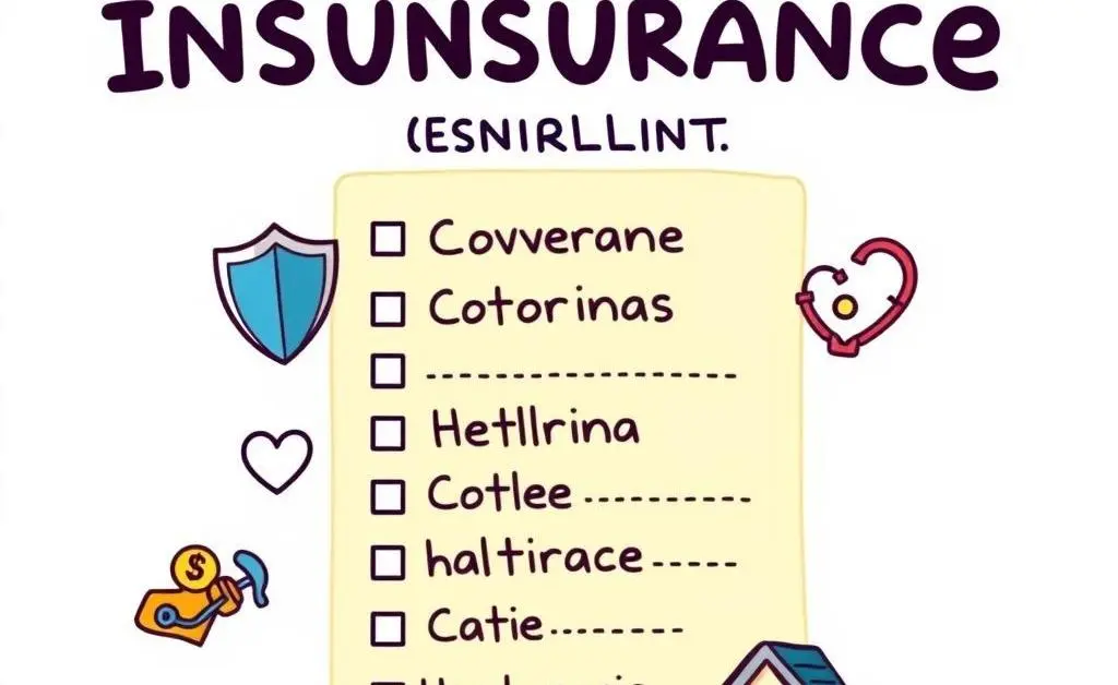 A cartoon-style checklist of insurance terms with simple icons representing each term