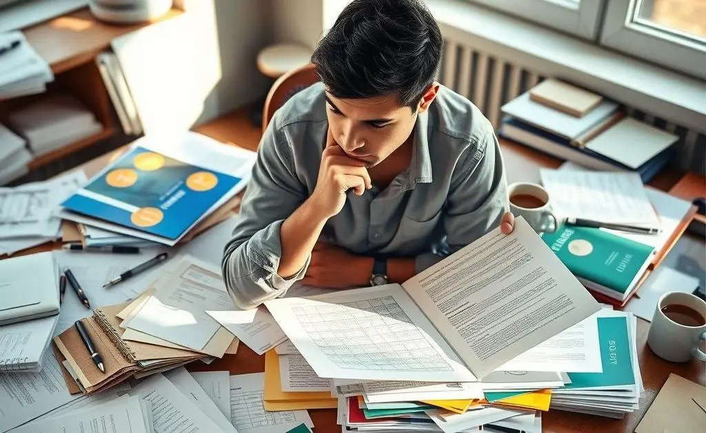 A desk cluttered with various insurances policy documents, with a person thoughtfully considering them.