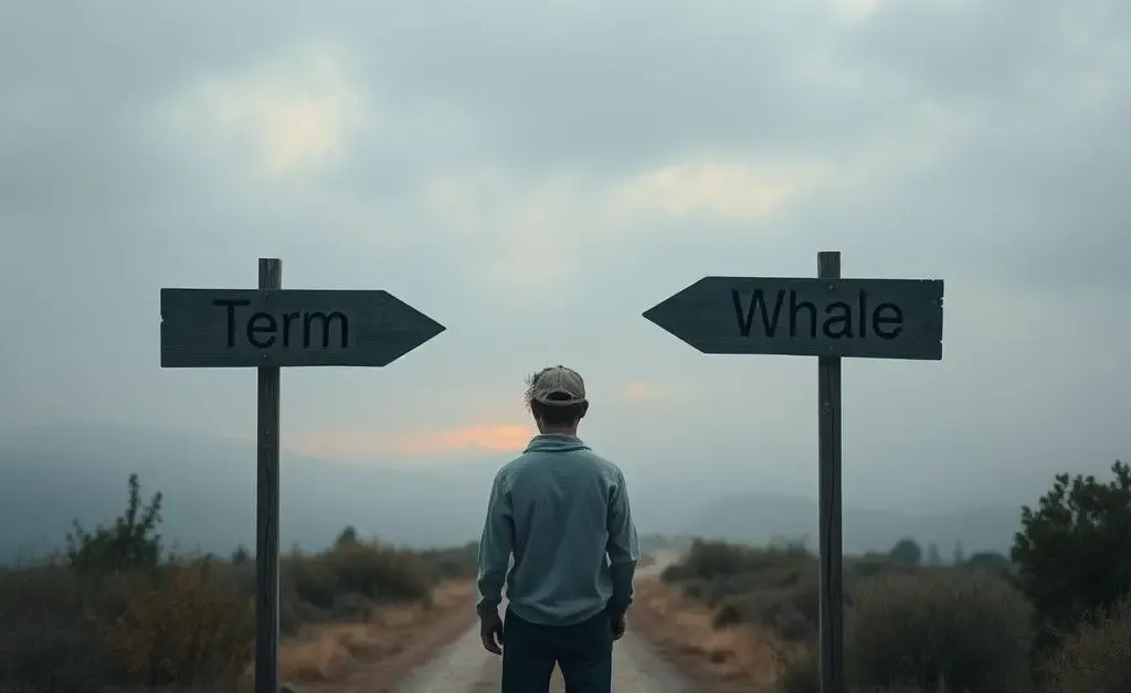 Character standing at a fork in the road with signs labeled 'Term' and 'Whole'