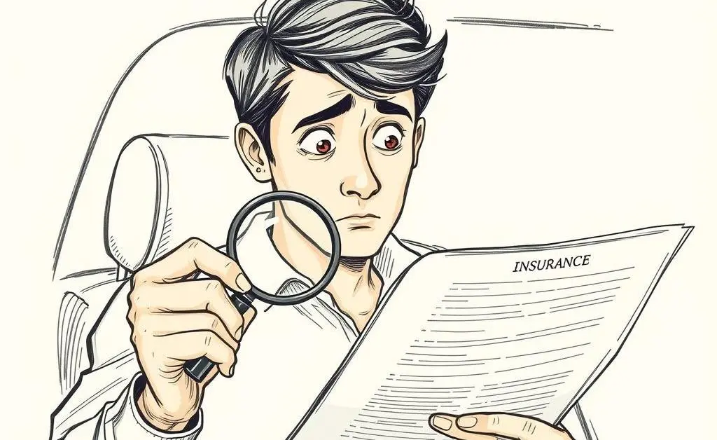 A confused car owner holding a magnifying glass over insurance papers.