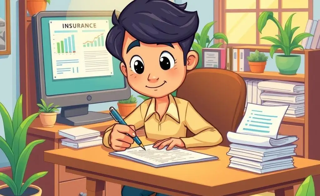 Cartoon image of a person at a desk filling out insurance paperwork