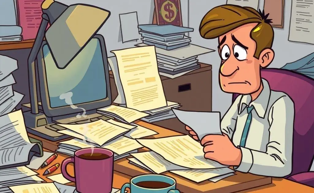 A worried person reading insurance claim documents on a desk
