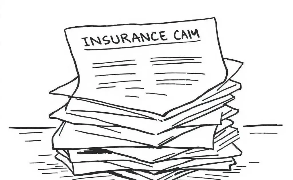 Hand-drawn image of a stack of insurance claim documents on a table