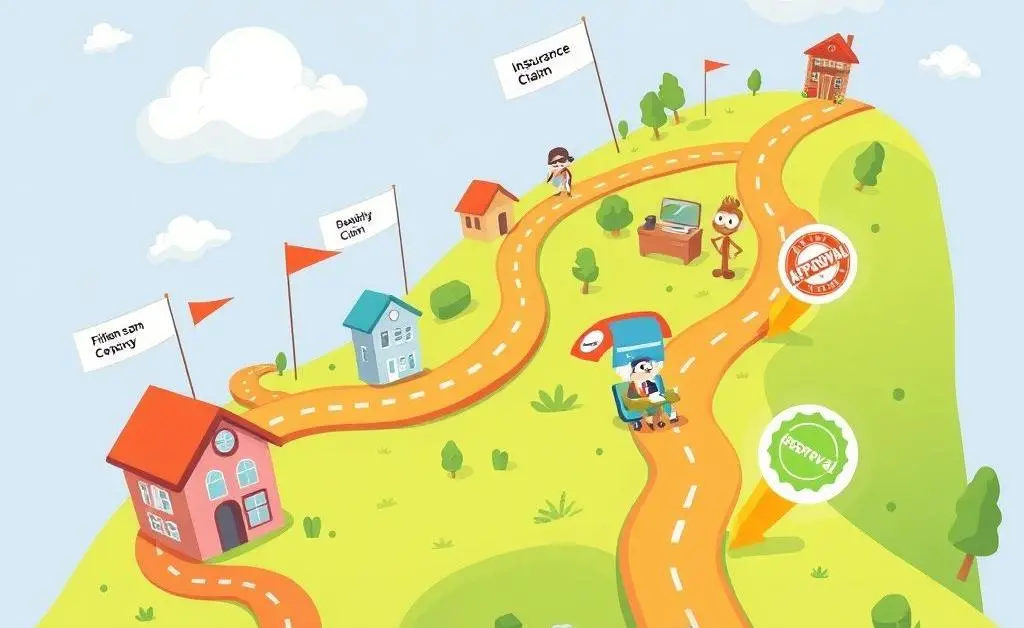 Cartoon of a map showing the journey of filing an insurance claim