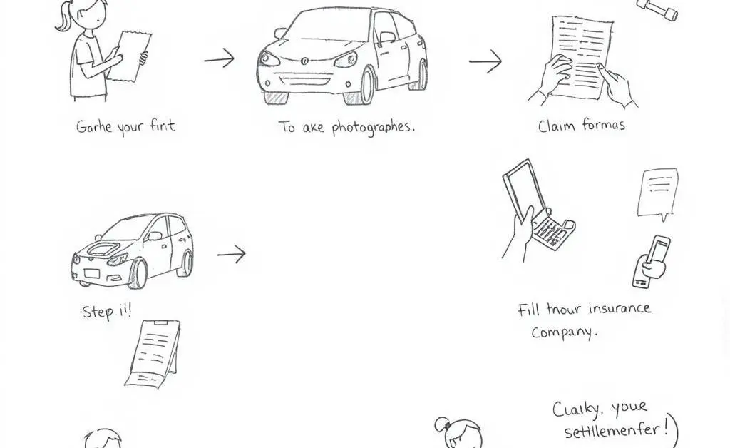 Hand-drawn graphic showing steps in filing an auto insurance claim.
