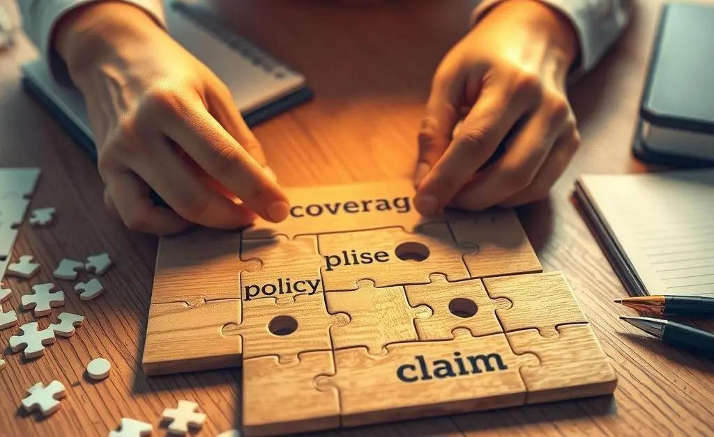 A jigsaw puzzle being completed with pieces labeled 'coverage,' 'policy,' 'deductible,' and 'claim'