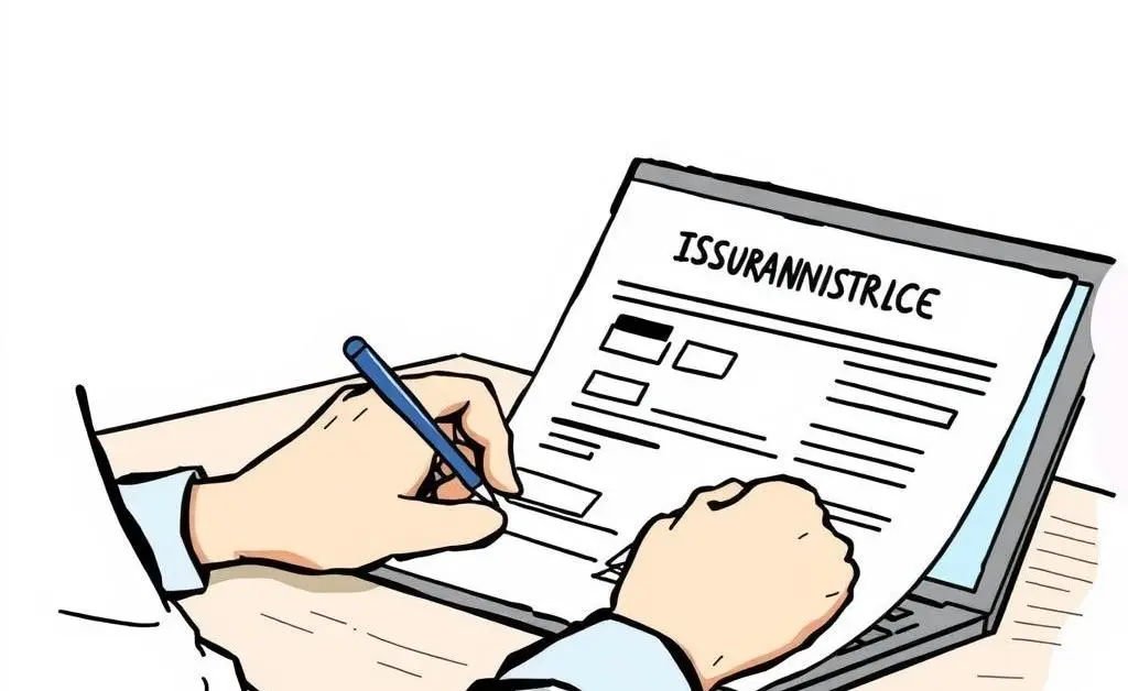 Hand-drawn style image of someone filling out an insurance claim form at a desk with a laptop.