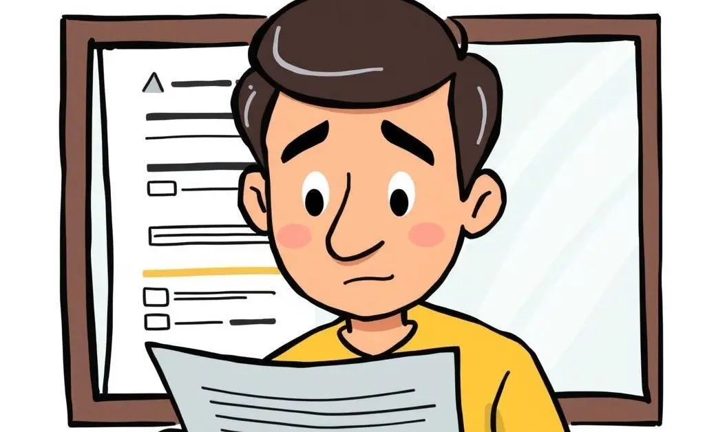 A cartoon illustration of a person examining an insurance claim form on a desk.