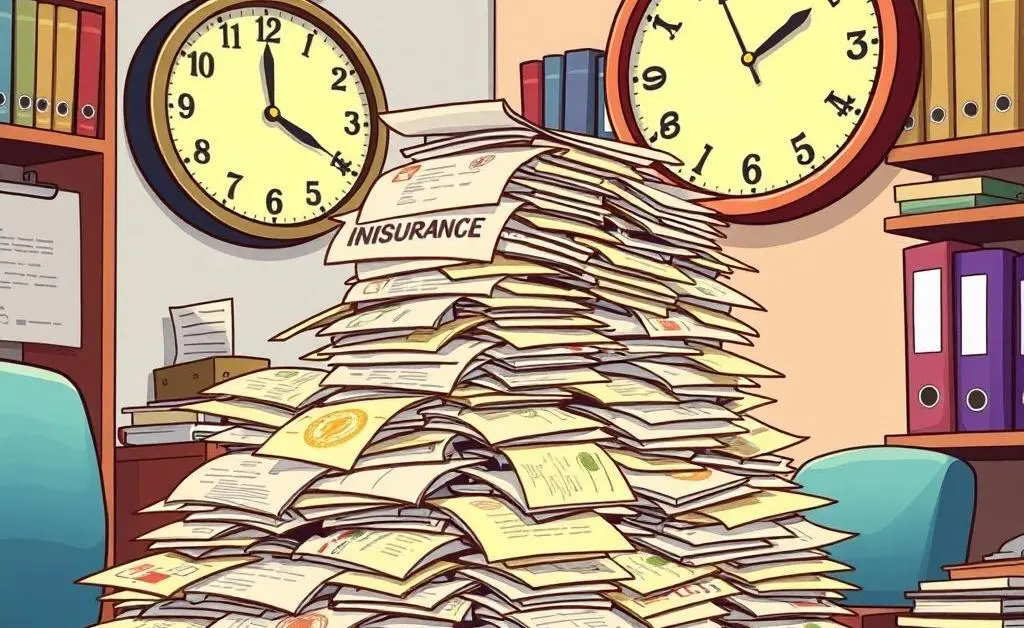 Stack of insurance paperwork with a clock prominently featured