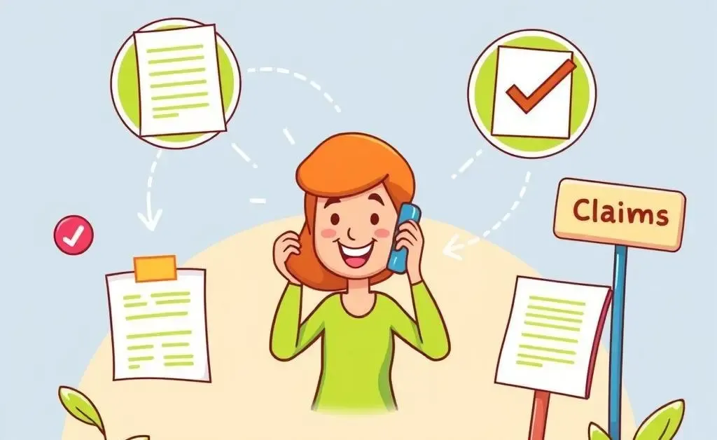 A cartoon-style illustration of an insurance claims process
