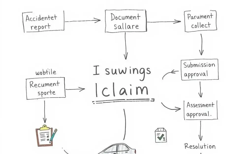 Hand-drawn flow chart showing the process of filing and managing a car insurance claim.