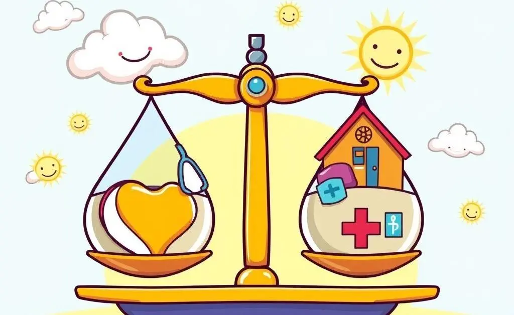 Cartoon-style image of a balanced scale with different insurance types on each side
