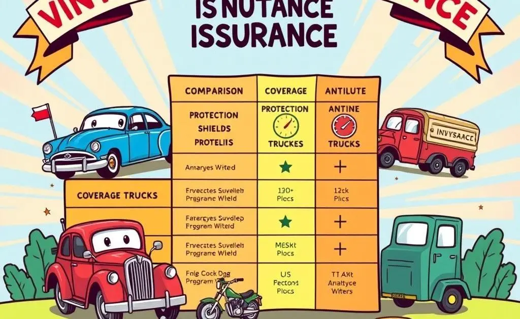 A cartoon-style chart comparing different insurance policies for vintage vehicles