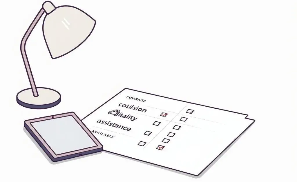 A minimalist cartoon illustration of a comparison checklist for car insurance options on a desk.
