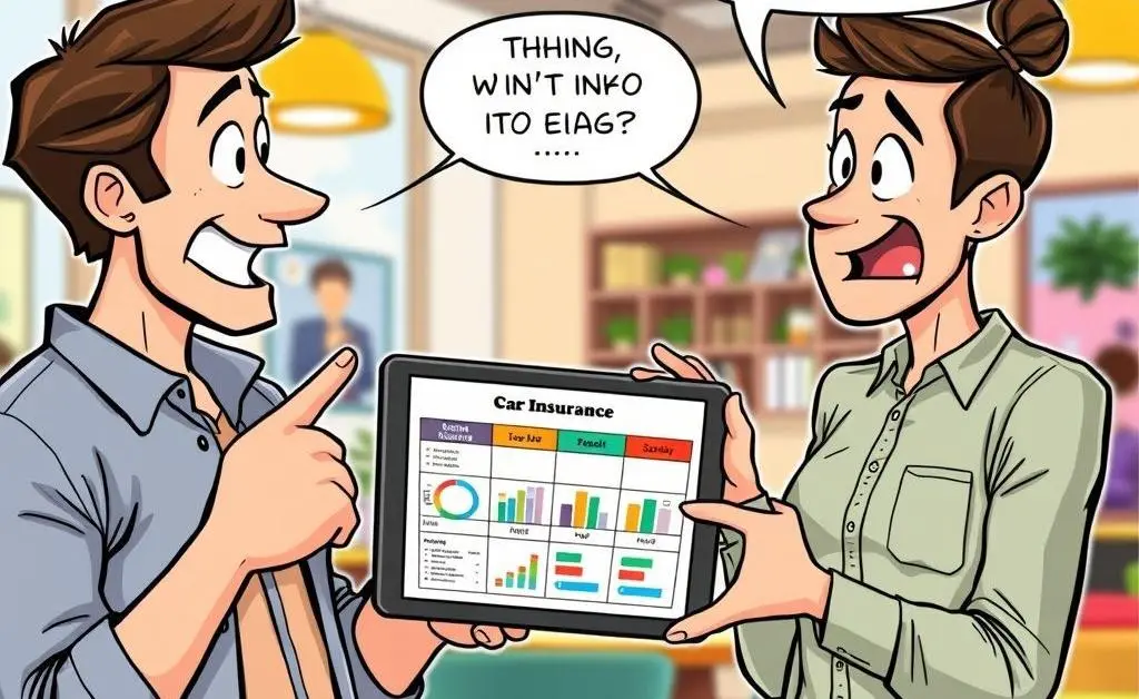 A comic showing two people discussing car insurance, pointing at a comparison chart on a tablet.
