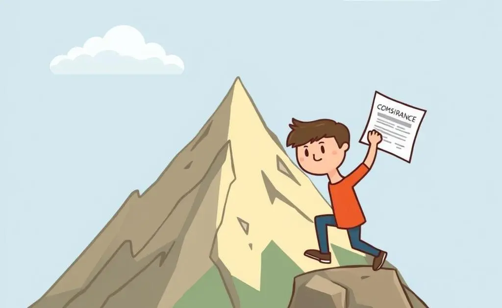 Person climbing a mountain with an insurance policy